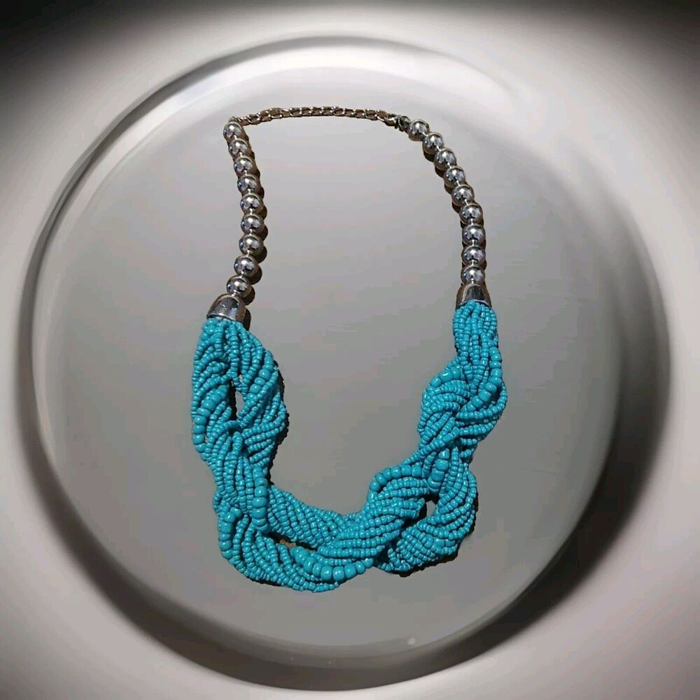 Blue Turquoise Twisted Seed Beads Cluster Layered Braided Necklace Boho